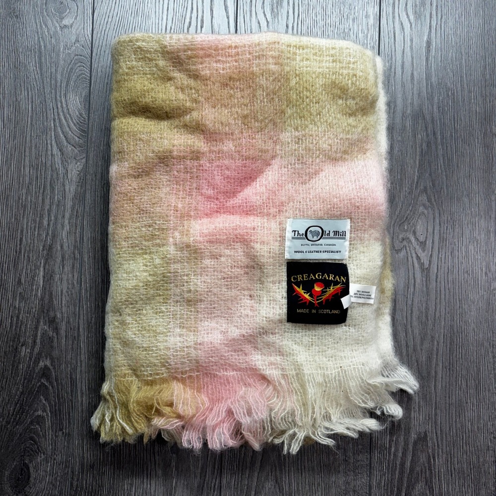 Creagaran The Old Mill Mohair Wool Blanket Scotland Pink Plaid 36x48 Vintage